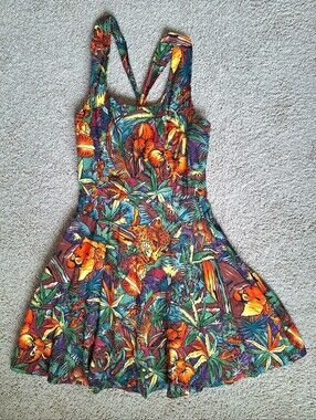 Alexander Henry Tropical Jungle Print Cotton Lace Up Back Swing Dress Small